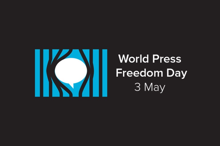 World Press Freedom Day 3 May, with image of speech bubble escaping from behind bars