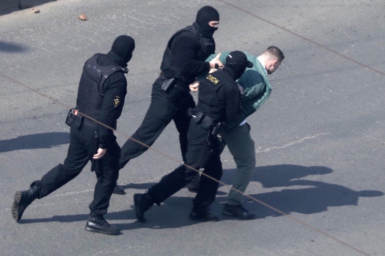 Minsk, Belarus, 27 March 2021. Police cordoned off streets and a main square and detained dozens of protesters and at least five journalists as the opposition restarted rallies against Alexander Lukashenko's rule. -/AFP via Getty Images