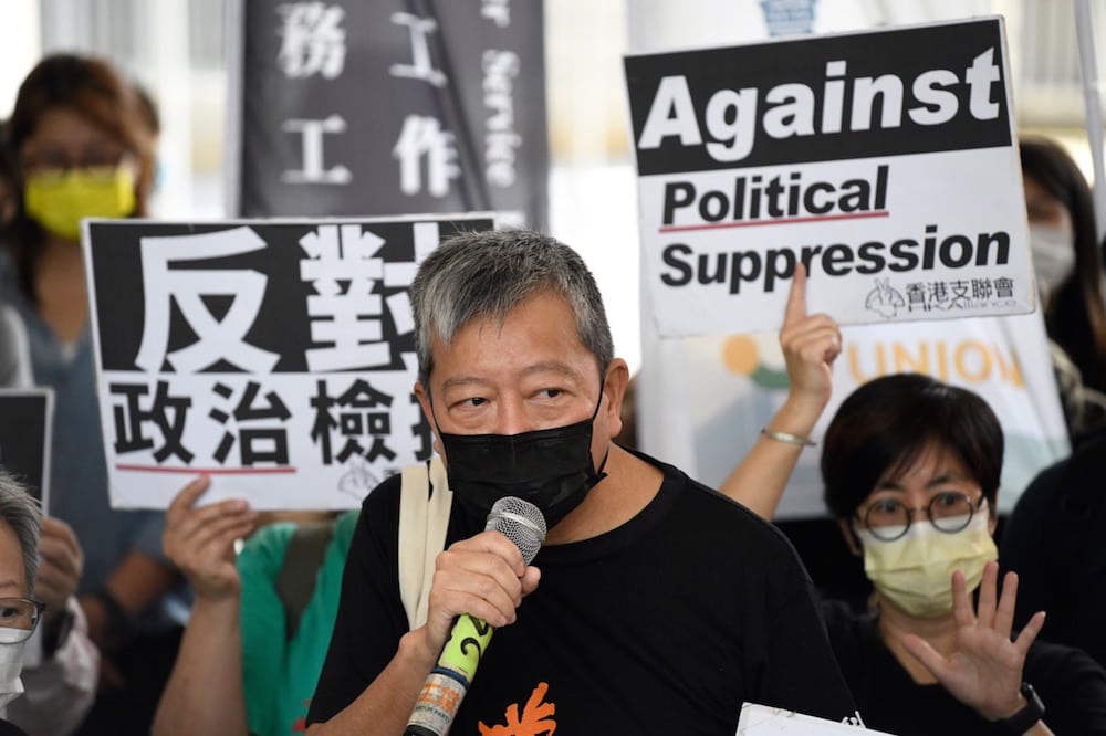 Lee Cheuk-yan, one of the pro-democracy activists on trial, speaks to the media, at the West Kowloon Magistrates Courts, Hong Kong, 1 April 2021, Vernon Yuen/NurPhoto