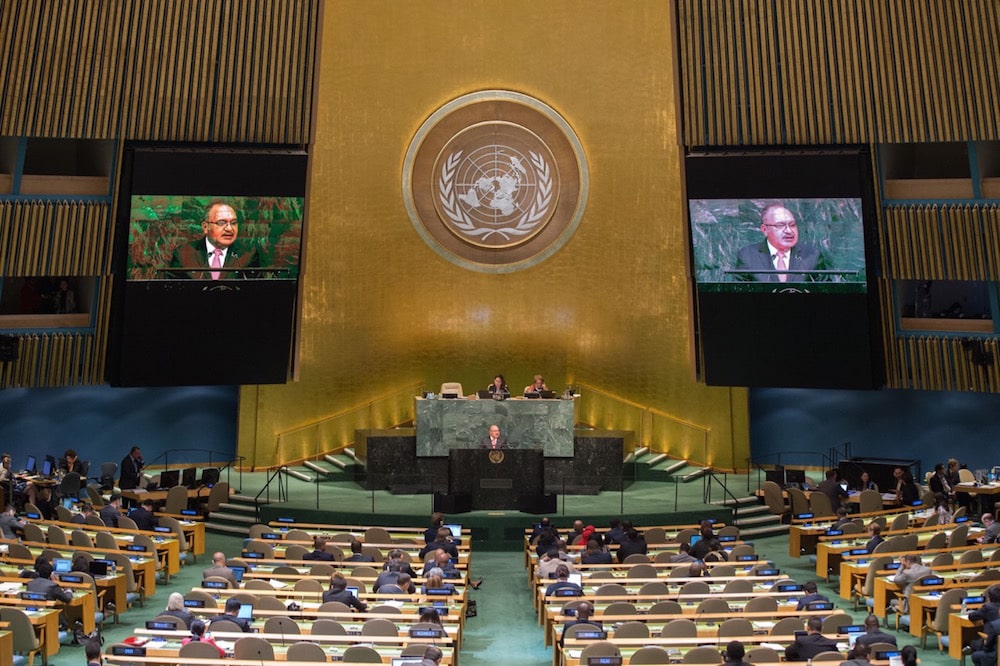 Papua New Guinea Prime Minister Peter Paire ONeill addresses the 72nd Session of the United Nations General assembly at the UN headquarters in New York, 23 September 2017, BRYAN R. SMITH/AFP via Getty Images