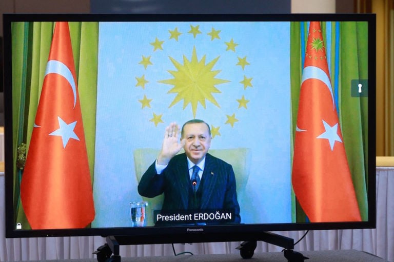 Turkey's President Erdoğan gestures as he joins a video conference call with European Commission President Ursula von der Leyen and European Council President Charles Michel, in Brussels, Belgium, 19 March 2021, STEPHANIE LECOCQ/POOL/AFP via Getty Images