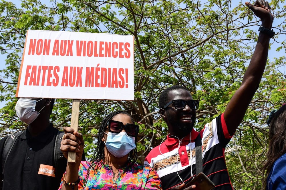 Members of the press demonstrate in front of the Ministry of Culture and Communication as part of World Press Freedom Day in Dakar, Senegal, 3 May 2021, SEYLLOU/AFP via Getty Images