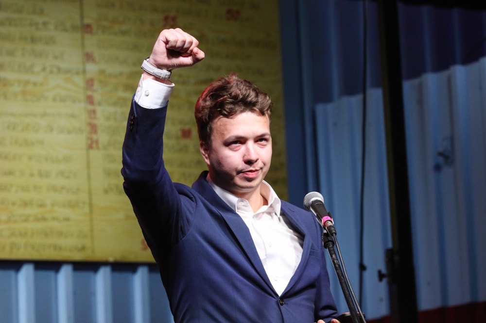 Blogger Raman Pratasevich speaks to Belarusians living in Gdansk, Poland and their Polish supporters at a Solidarity with Belarus protesters rally, 31 August 2020, Michal Fludra/NurPhoto via Getty Images