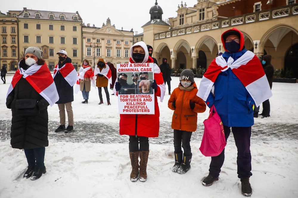 Krakow, Poland, 7 February 2021. People gather in the Main Square to demonstrate on the Day of Solidarity with Belarus, Beata Zawrzel/NurPhoto