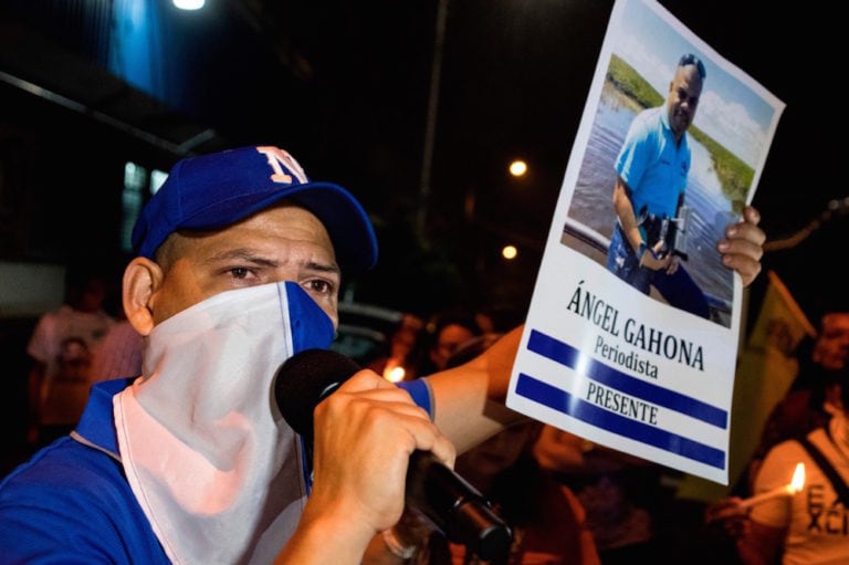 Juan Carlos Gahona, brother of late journalist Ángel Gahona, addresses a crowd during a demonstration against the government of President Daniel Ortega in front of the Nicaraguan embassy in San José, Costa Rica, 21 June 2018, EZEQUIEL BECERRA/AFP via Getty Images