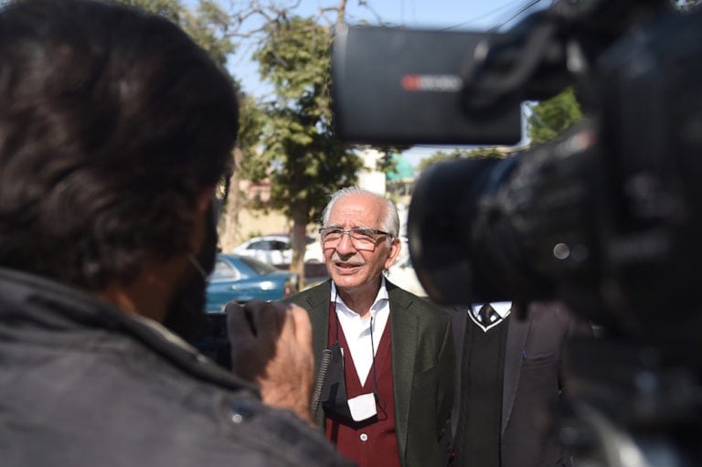 The lawyer of a militant convicted of murdering American journalist Daniel Pearl speaks to the media outside the Sindh high court, Karachi, Pakistan, 24 December 2020, RIZWAN TABASSUM/AFP via Getty Images