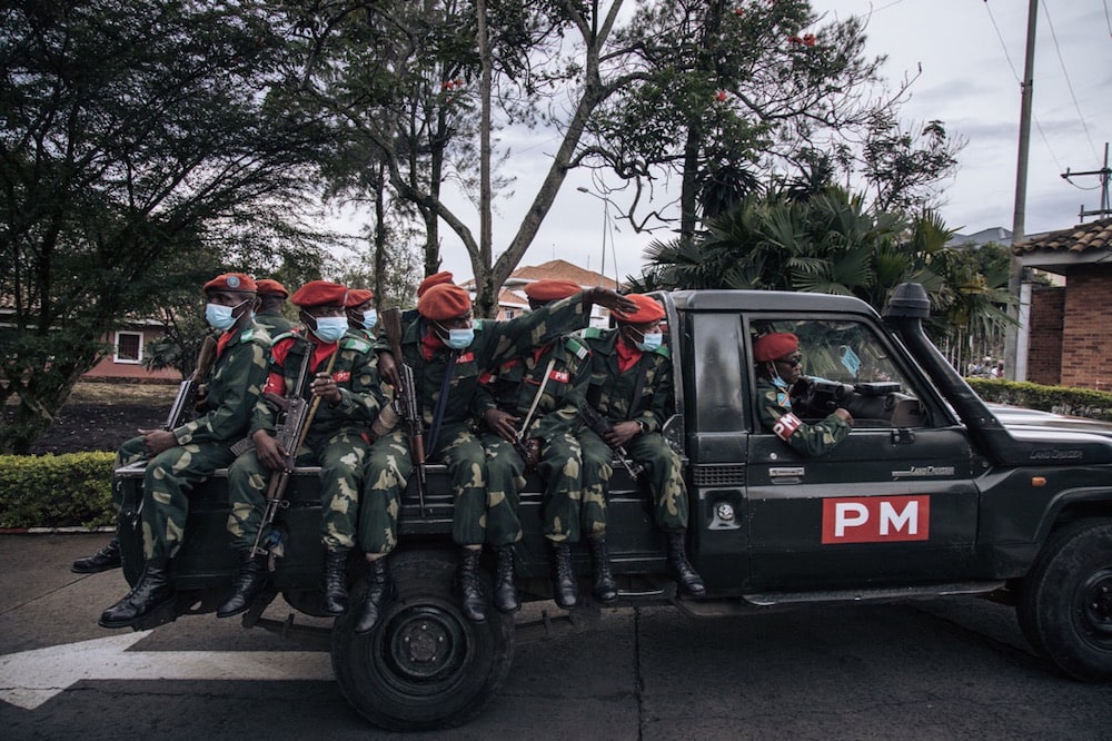 Military police escort the military governor of North Kivu province, northeastern Democratic Republic of Congo, 10 May 2021, ALEXIS HUGUET/AFP via Getty Images