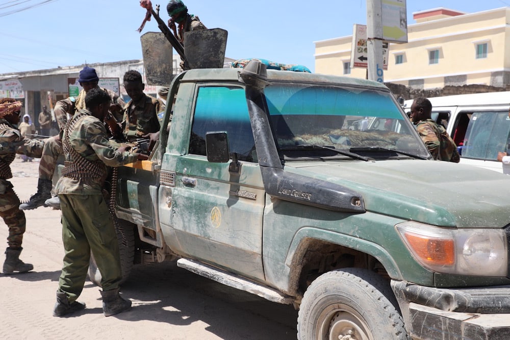Security forces are seen as civilians begin to migrate to safer areas after disagreement over the elections between the opposition and the government turned into conflict in Mogadishu, Somalia, 27 April 2021, Sadak Mohamed/Anadolu Agency via Getty Images