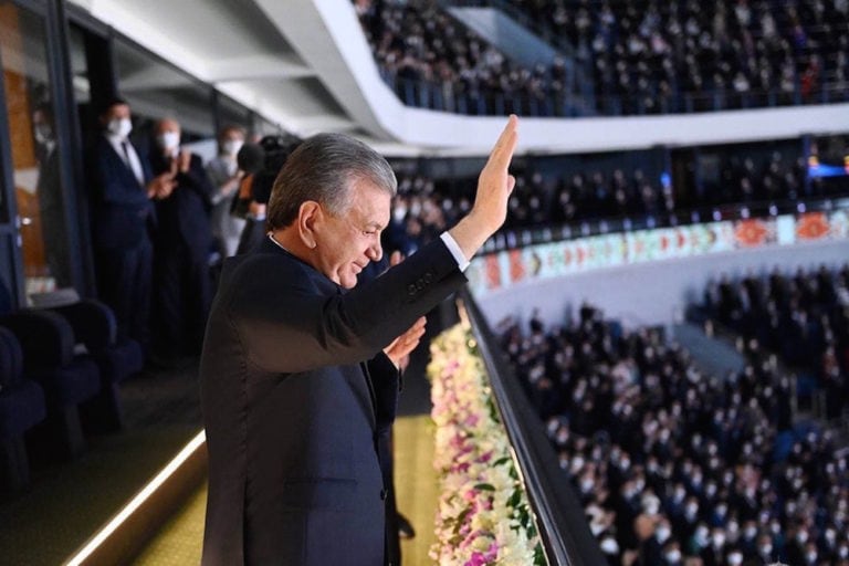 President of Uzbekistan Shavkat Mirziyoyev greets the audience at an official celebration marking the Newroz festival, in Tashkent, Uzbekistan, 21 March 2021, Presidency of Uzbekistan / Handout/Anadolu Agency via Getty Images