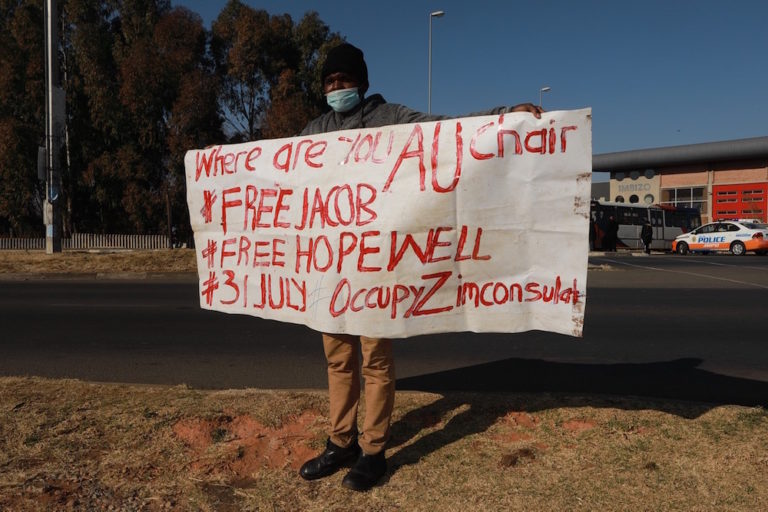 A Zimbabwean national protests the arrest of Zimbabwean journalists, in Soweto, South Africa, 29 July 2020, Fani Mahuntsi/Gallo Images via Getty Images