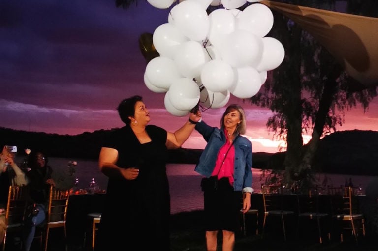 The release of 30 balloons into the sky by Zoe Titus (L) and Gwen Lister (R) marks the unofficial finale of the UNESCO WPFD conference, Windhoek, Namibia, 3 May 2021, Photo: Guy Berger