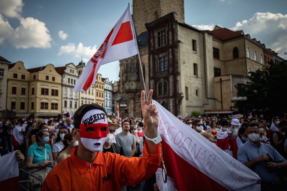 Supporters of Belarusian opposition leader Sviatlana Tsikhanouskaya attend a protest against Lukashenka's regime, in Prague, Czech Republic, 7 June 2021, Gabriel Kuchta/Getty Images