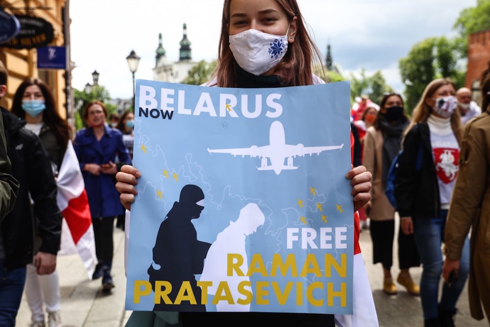 People taking part in a March of Solidarity with Belarus call for Raman Pratasevich's release, in Krakow, Poland, 29 May 2021, Beata Zawrzel/NurPhoto
