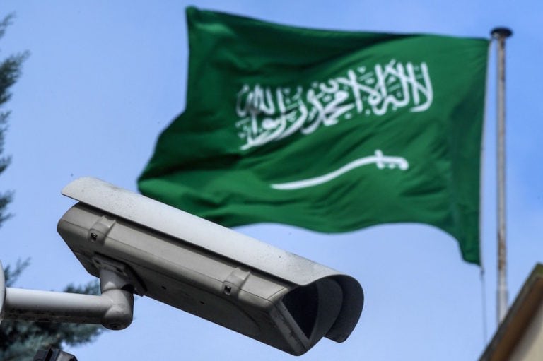 A Saudi flag is seen behind a surveillance camera, at the Saudi Arabian consulate, in Istanbul, Turkey, 11 October 2018, OZAN KOSE/AFP via Getty Images