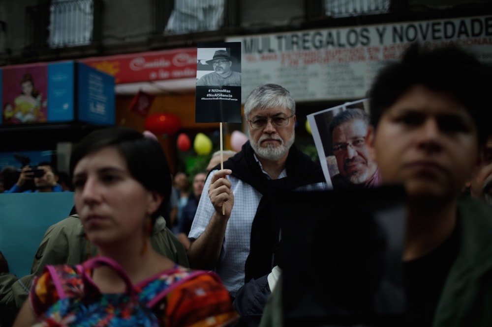 One month after the assassination of Javier Valdez Cárdenas, protesters call for an end to violence against journalists in Mexico, in Mexico City, 15 June 2017, Miguel Tovar/LatinContent via Getty Images