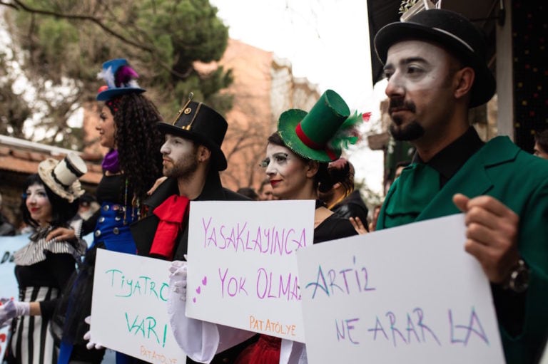27 March 2019. Artists mark World Theatre Day in Istanbul, Turkey, even though the event was banned by the government and a number of artists were facing restrictions and censorship. Erhan Demirtas/NurPhoto via Getty Images