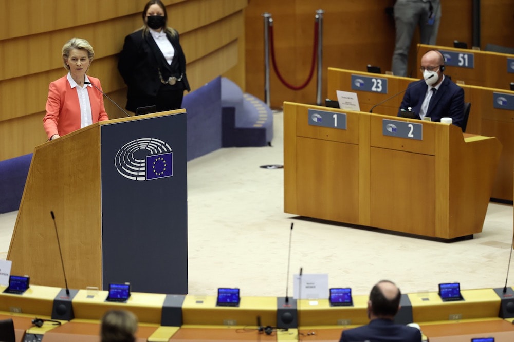 President of the European Commission Ursula von der Leyen (L) delivers a speech during a session of the European Parliament in Brussels, Belgium, 26 April 2021. as the President of the European Council Charles Michel looks on; EU leaders gathered to evaluate Turkey - EU relations. Dursun Aydemir/Anadolu Agency via Getty Images