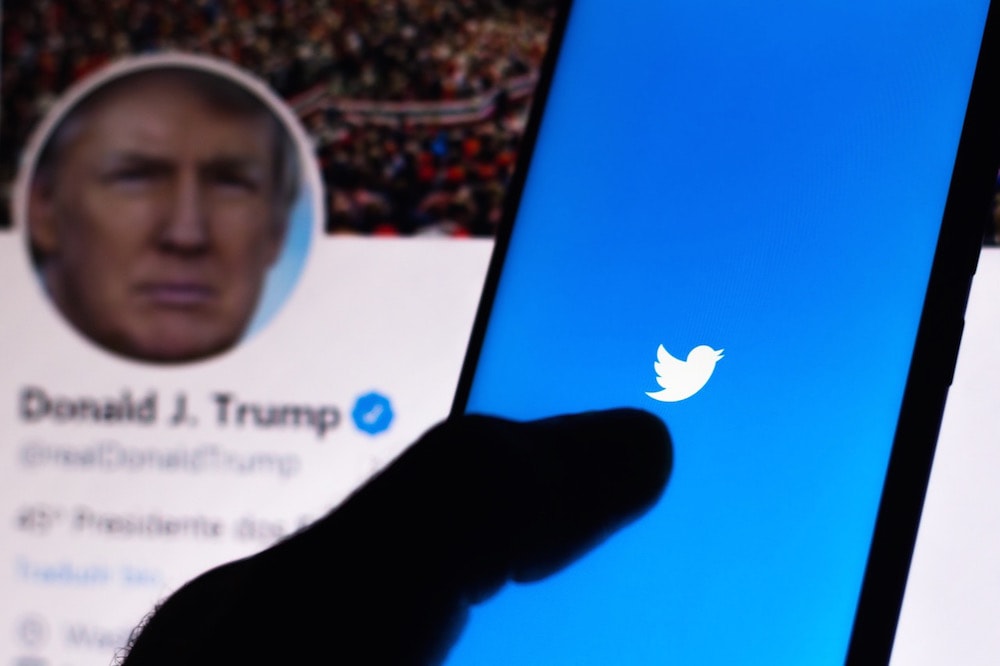 The Twitter logo is displayed on a smartphone with the official page of the President of the United States, Donald Trump, 5 June 2020, Photo Illustration by Rafael Henrique/SOPA Images/LightRocket via Getty Images