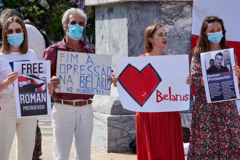 Lisbon, 30 May 2021. Belarusians residing in Portugal stage a protest against the detention of Raman Pratasevich and other journalists by the Belarus government, Horacio Villalobos-Corbis/Corbis via Getty Images