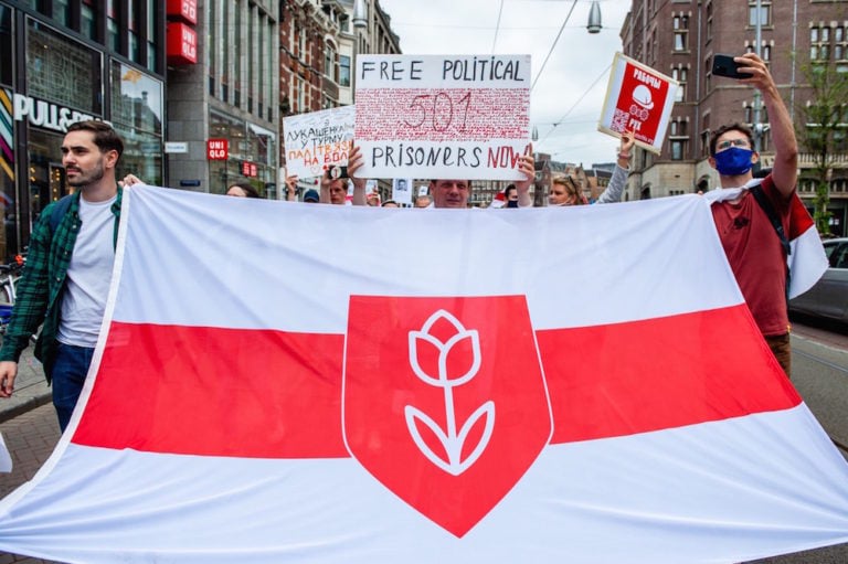 Members of the Belarusian community in the Netherlands take part in a protest in Amsterdam to show their support to all political prisoners and victims of the regime, 19 June 2021, Romy Arroyo Fernandez/NurPhoto