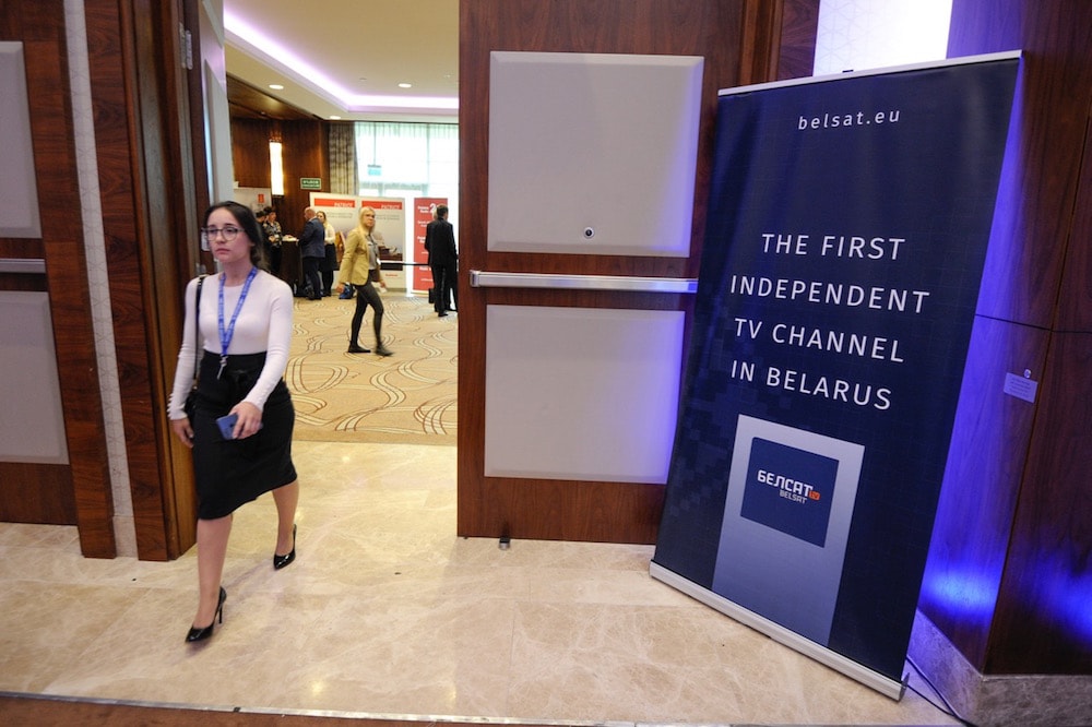 A banner advertising Belsat TV is displayed during the fifth Warsaw Security Forum in Warsaw, Poland, 24 October 2018, Jaap Arriens/NurPhoto