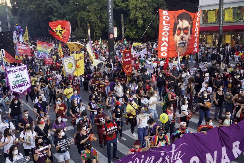 People demonstrate against President Jair Bolsonaro's handling of the COVID-19 pandemic, in Sao Paulo, Brazil, 24 July 2021, Cristina Szucinski/Anadolu Agency via Getty Images