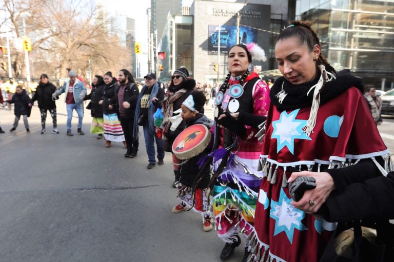 A demonstration and round dance in Toronto, Canada, 22 February 2020, in support of the Wet’suwet’en Hereditary Chiefs who were opposing the construction of a natural gas pipeline in British Columbia. Richard Lautens/Toronto Star via Getty Images