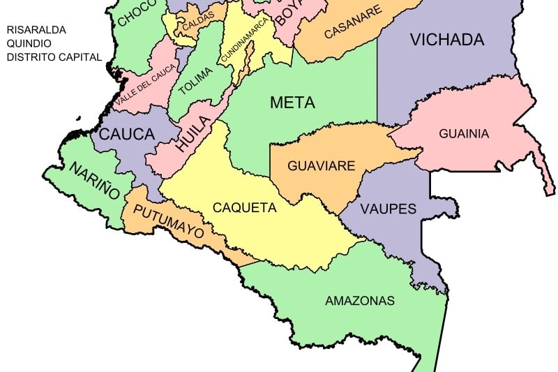 Un mapa de algunos departamentos del sur del Colombia, Wikipedia