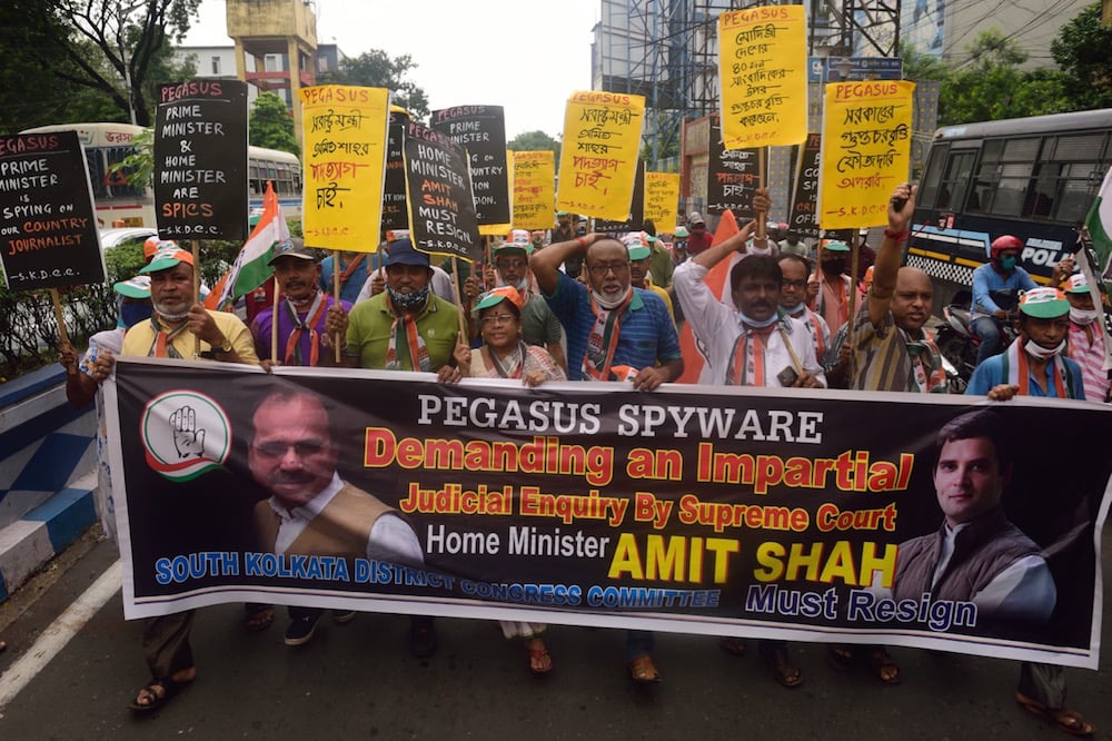 People protest against the Indian government's use of Pegasus spyware against journalists, opposition leaders and activists, in Kolkata, West Bengal, 25 July 2021, Sumit Sanyal/SOPA Images/LightRocket via Getty Images