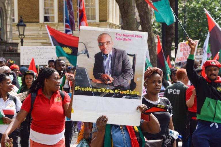 Demonstrators hold a picture of Nnamdi Kanu during a Free Biafra protest, outside Downing Street, in London, United Kingdom, 26 July 2021, Vuk Valcic/SOPA Images/LightRocket via Getty Images