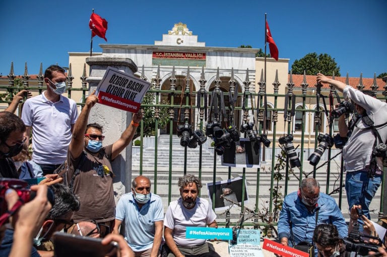 After photojournalist Bülent Kılıç was detained during the Pride Parade, his colleagues gathered to protest police violence with banners that said "free press, free country", outside the Istanbul Governor's Office, Turkey, 29 June 2021, Onur Dogman/SOPA Images/LightRocket via Getty Images