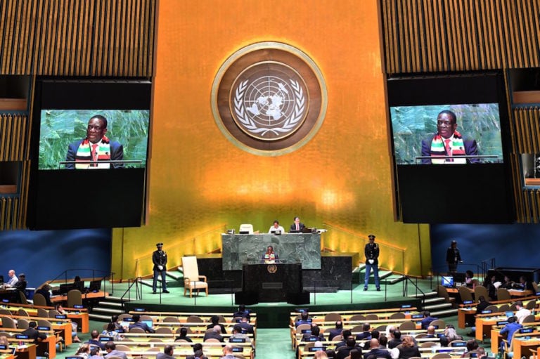 President of Zimbabwe Emmerson Dambudzo Mnangagwa speaks at the 74th Session of the General Assembly at the United Nations headquarters, in New York, 25 September 2019 in New York, JOHANNES EISELE/AFP via Getty Images