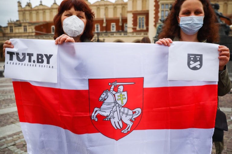 People gather in Krakow, Poland, on 23 May 2021, in solidarity with the Belarusian popular independent news portal TUT.BY, which was blocked by the authorities after a series of raids, Beata Zawrzel/NurPhoto