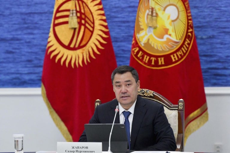 President Sadyr Japarov speaks during a meeting with members of the Eurasian Intergovernmental Council (EIC) at the Cholpon-Ata state residence, Issyk-Kul Region, Kyrgyzstan, 20 August 2021, Alexander AstafyevTASS via Getty Images