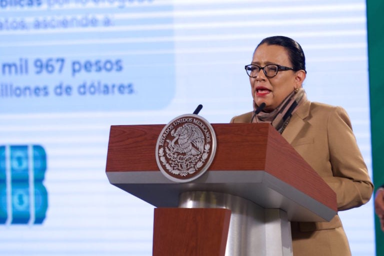 La Secretaria de Seguridad y Protección Ciudadana, Rosa Icela Rodríguez, comenta sobre el uso ilegal de la herramienta de espionaje Pegasus, en la conferencia de prensa matutina del 28 de julio de 2021, en la Ciudad de México, México, Julian Lopez / Eyepix Group/Barcroft Media via Getty Images