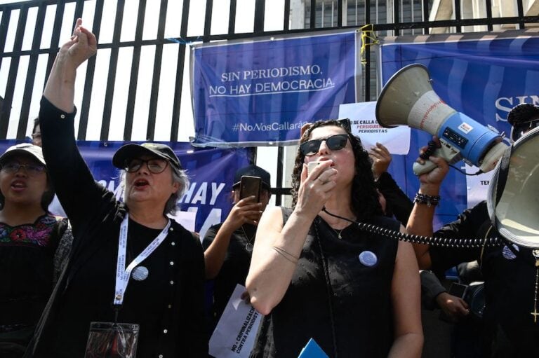 Journalists and members of the Guatemalan Civil Society take part in a sit-in against the threat to freedom of expression and the criminal prosecution of communicators, outside court in Guatemala City, 4 March 2023. JOHAN ORDONEZ/AFP via Getty Images