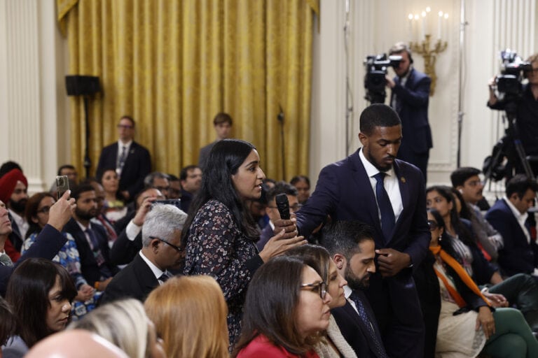 Wall Street Journal reporter Sabrina Siddiqui asks a question to U.S. President Joe Biden during a joint press conference alongside Indian Prime Minister Narendra Modi at the White House in Washington, DC., 22 June 2023. Anna Moneymaker/Getty Images