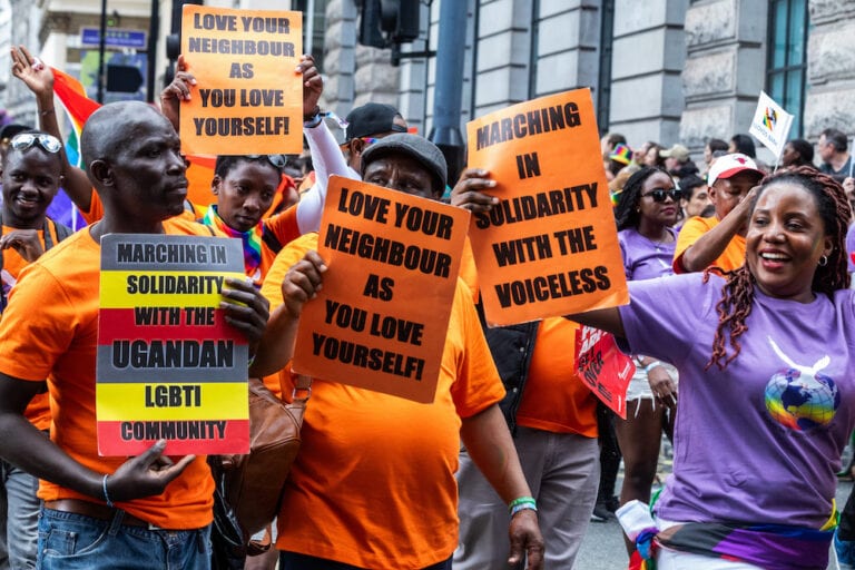 Representatives of Rainbows Across Borders take part in the Pride in London parade in London, England on 1 July 2023. Mark Kerrison/In Pictures via Getty Images